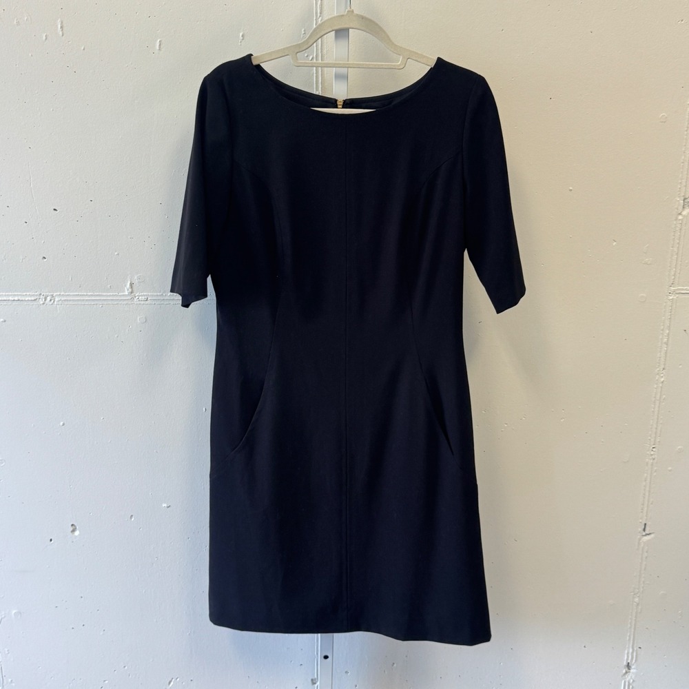 Tahari‎ Arthur S Levine Black Sheath Dress Elbow Sleeve Gold Zip Pockets Size 10